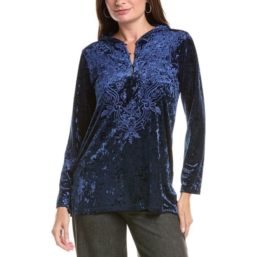 Johnny Was Womens Crushed Velvet Pull-On Hoodie, Blue